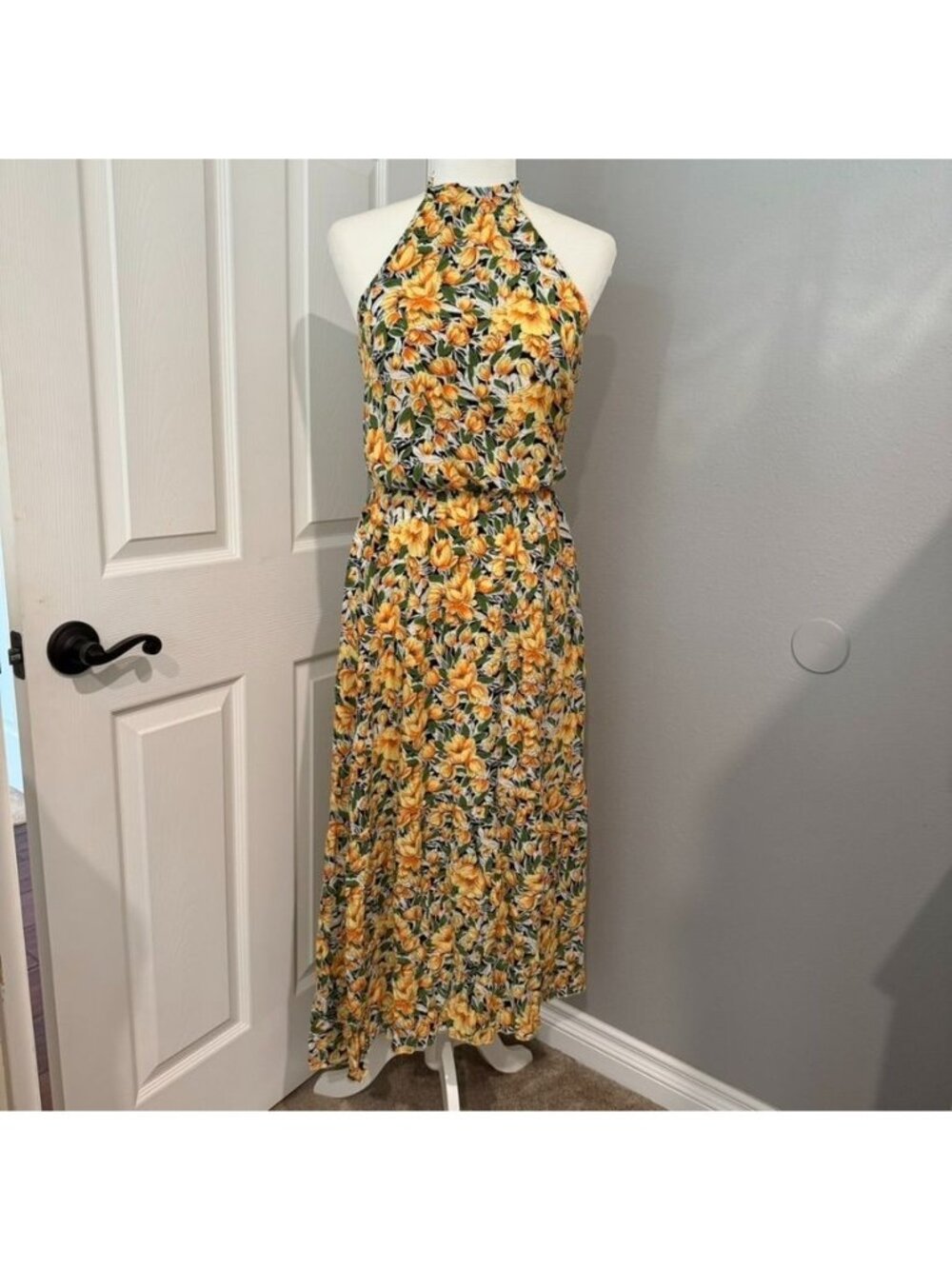 Boho Floral Halter Neck Backless Ruffle High Low Maxi Sun Dress Size Small